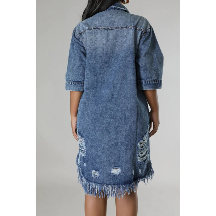 Distressed Raw Hem Button Up Denim Dress