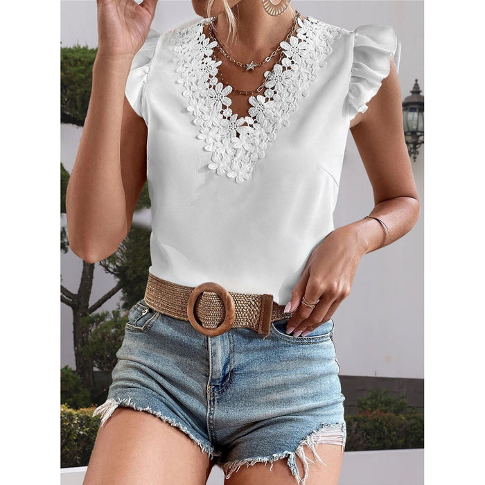 Lace Detail V-Neck Cap Sleeve Blouse