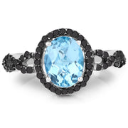 Bids.com 2.92 Carat Genuine Blue Topaz, Black Diamond & White Diamond .925 Sterling Silver Ring Rings