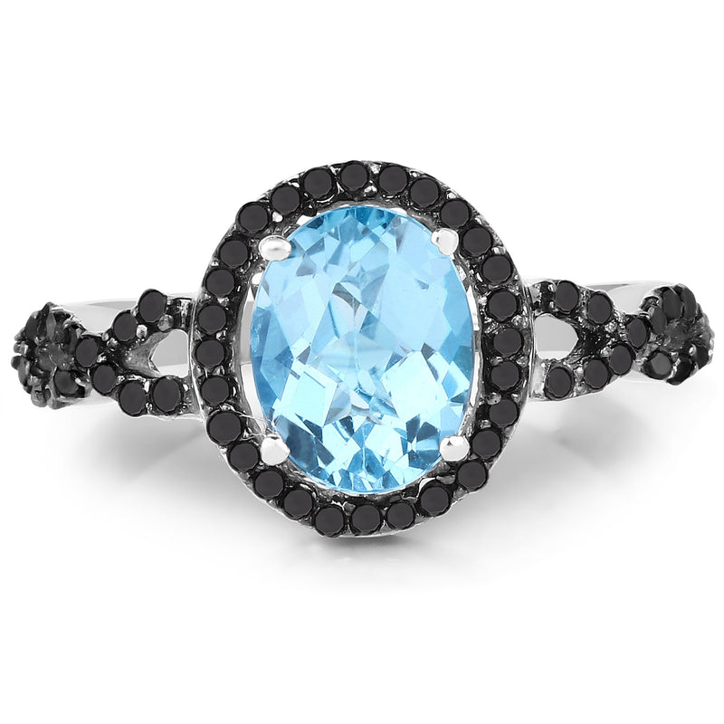 Bids.com 2.92 Carat Genuine Blue Topaz, Black Diamond & White Diamond .925 Sterling Silver Ring Rings