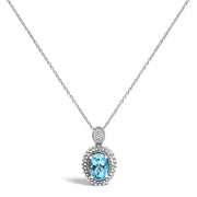Bids.com .925 Sterling Silver Oval Blue Topaz and Diamond Accent with Beaded Halo Pendant Necklace - 18" Inches Necklaces