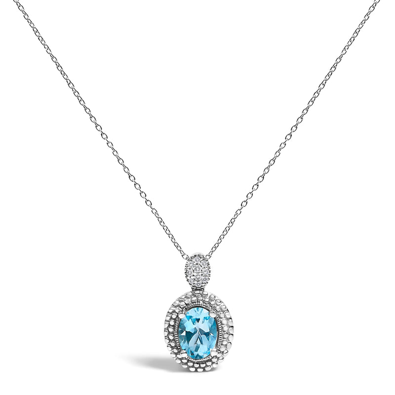 Bids.com .925 Sterling Silver Oval Blue Topaz and Diamond Accent with Beaded Halo Pendant Necklace - 18" Inches Necklaces