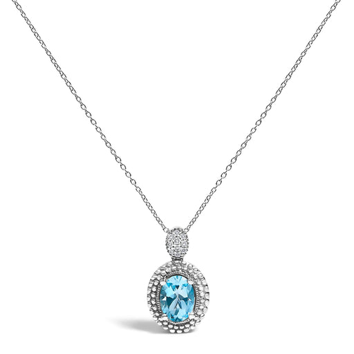 Bids.com .925 Sterling Silver Oval Blue Topaz and Diamond Accent with Beaded Halo Pendant Necklace - 18" Inches Necklaces