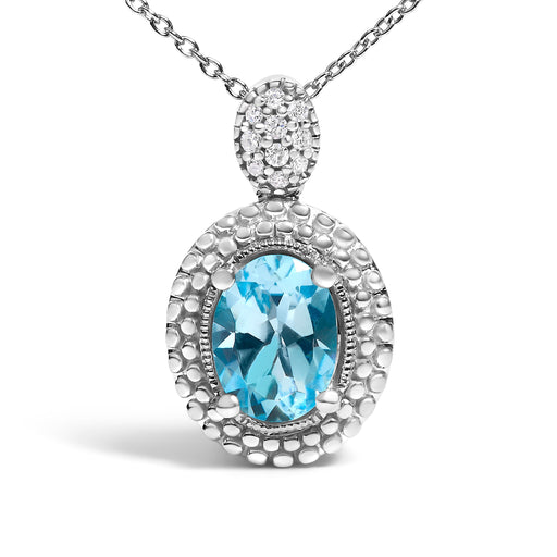 Bids.com .925 Sterling Silver Oval Blue Topaz and Diamond Accent with Beaded Halo Pendant Necklace - 18" Inches Necklaces