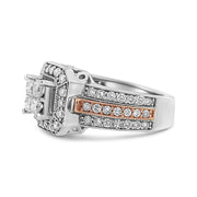 Bids.com 14K White and Rose Gold 1 1/8 Cttw Princess and Round-Cut Diamond Art Deco Style Triple Shank Halo Cocktail Ring (I-J Color, SI2-I1 Clarity) - Size 7 Rings