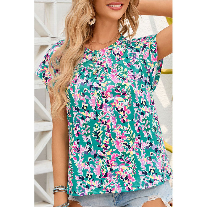 Printed Round Neck Cap Sleeve Blouse