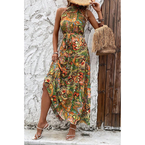 Tied Slit Floral Sleeveless Dress