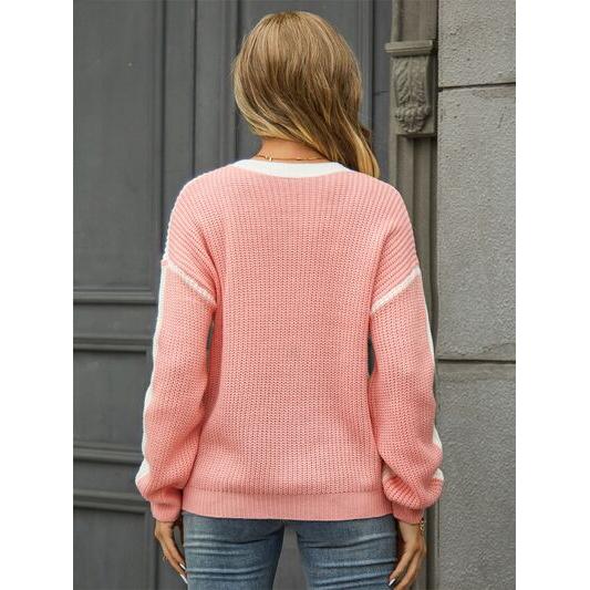 Contrast Round Neck Dropped Shoulder Sweater