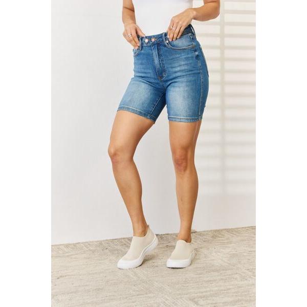 Tummy Control Double Button Bermuda Denim Shorts