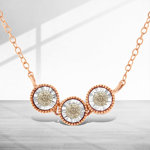 Bids.com 10K Rose and White Gold Plated .925 Sterling Silver 1/4 Cttw Miracle-Set Champagne Diamond Triple Circle 18" Necklace (I2-I3 Clarity) Necklaces