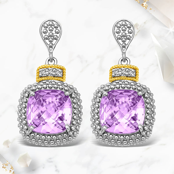 Bids.com 18k Yellow Gold & Sterling Silver Cushion Amethyst & Diamond Earrings (.05cttw) Earrings