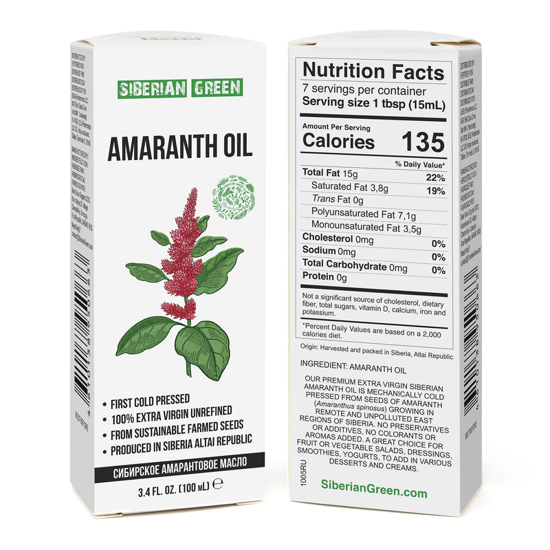 SiberianGreen.com Amaranth Seed Oil 100 ml - Extra Virgin, Cold-Pressed, Premium Quality Cooking Oils