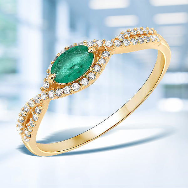 Bids.com 0.32 Carat Genuine Zambian Emerald and White Diamond 14K Yellow Gold Ring Rings