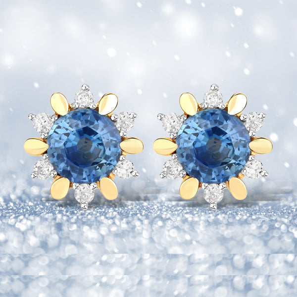 Bids.com 1.87 Carat Genuine Blue Sapphire and White Diamond 14K Yellow Gold Earrings Earrings
