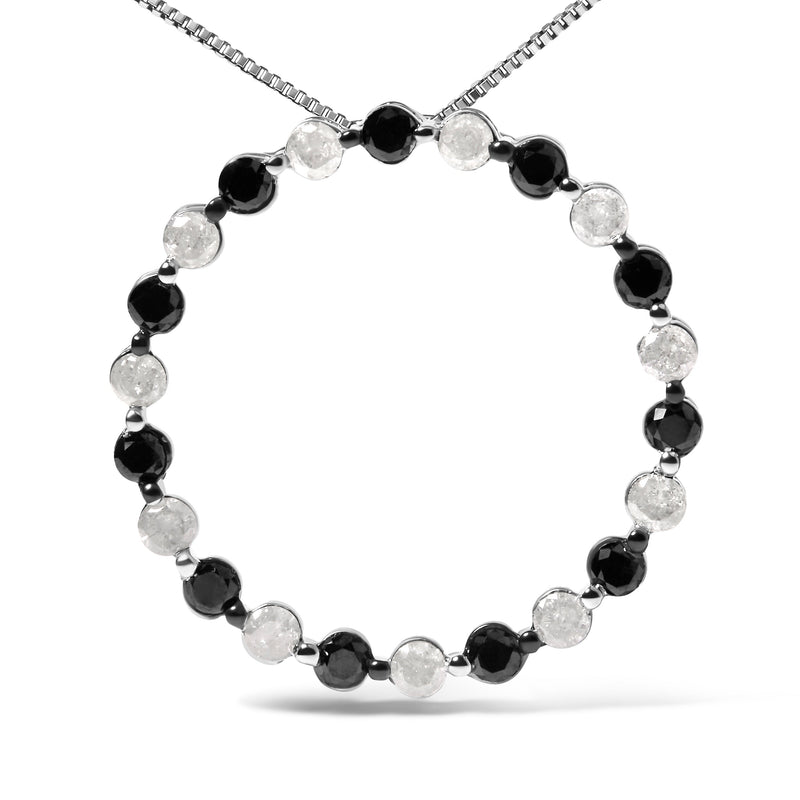 Bids.com .925 Sterling Silver 1 3/4 Cttw Alternating Black and White Diamond Open Circle Hoop Pendant Necklace (H-I Color, I2-I3 Clarity) - 18" Inches Necklaces