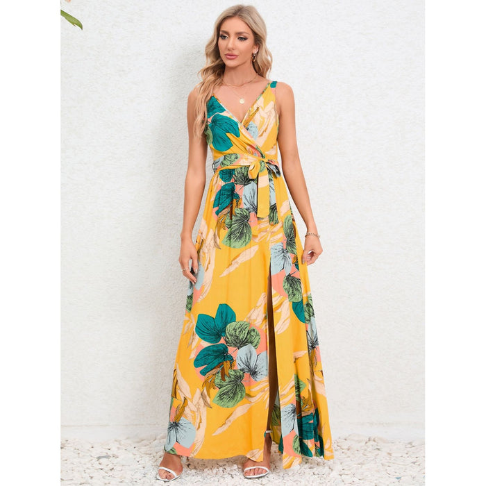 Slit Tied Printed Surplice Dress