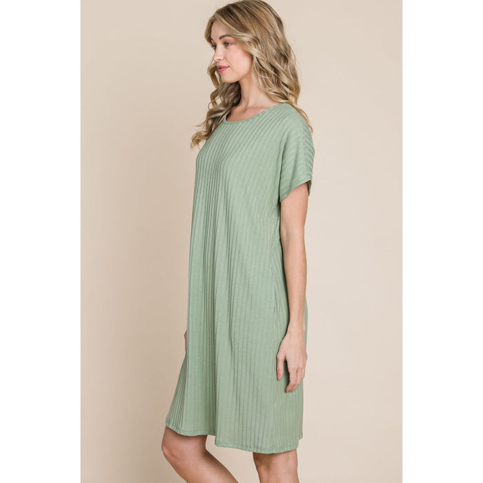 Ribbed Round Neck Short Sleeve Dress in Sage