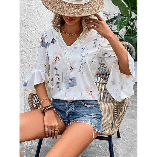 Ruffled Printed V-Neck Half Sleeve Blouse