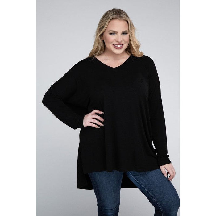 Plus Dolman Sleeve V-Neck Side Slit Hi-Low Hem Top