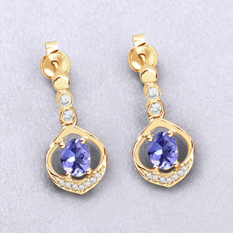 Bids.com 0.76 Carat Genuine Tanzanite and White Diamond 14K Yellow Gold Earrings Earrings