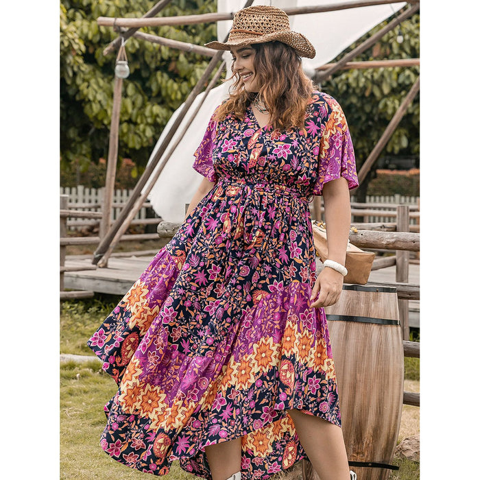 Plus Size Printed V-Neck Flutter Sleeve Midi Dress