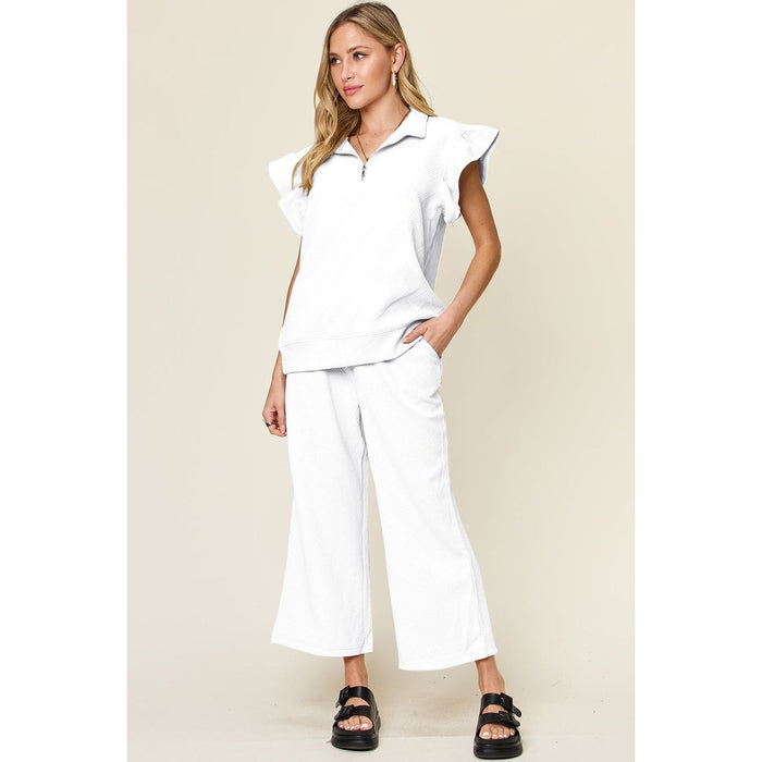 Texture Ruffle Short Sleeve Top and Drawstring Wide Leg Pants Set