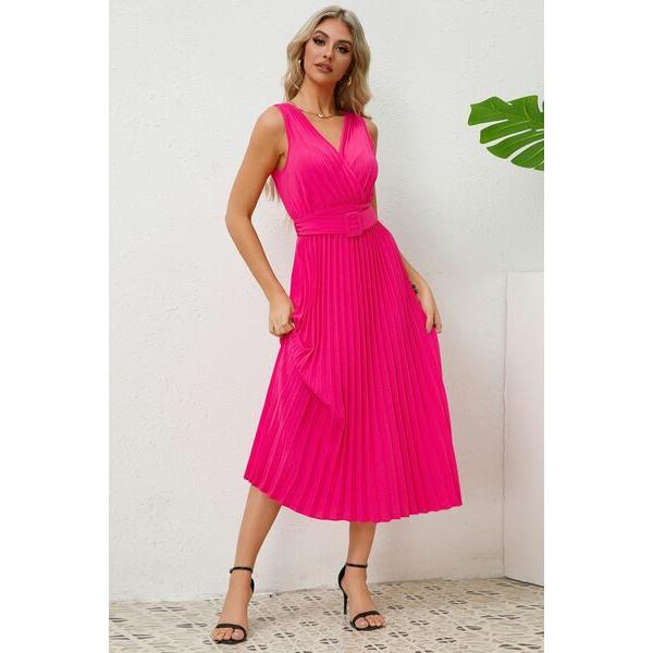 Surplice Sleeveless Midi Pleated Dress