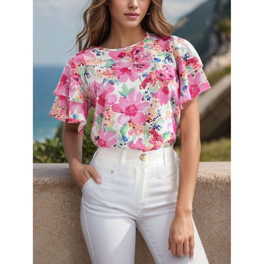 Floral Round Neck Flutter Sleeve Blouse