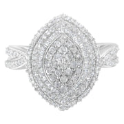 Bids.com .925 Sterling Silver 1.0 Cttw Round & Baguette-Cut Diamond Marquise-Shaped Cluster Triple Stepped Halo Cocktail Fashion Ring (I-J Color, I2-I3 Clarity) - Size 7 Rings