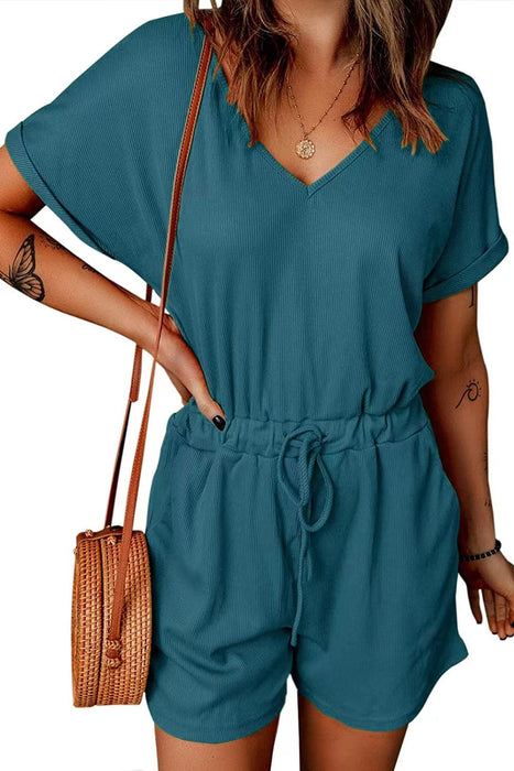 Drawstring V-Neck Short Sleeve Romper