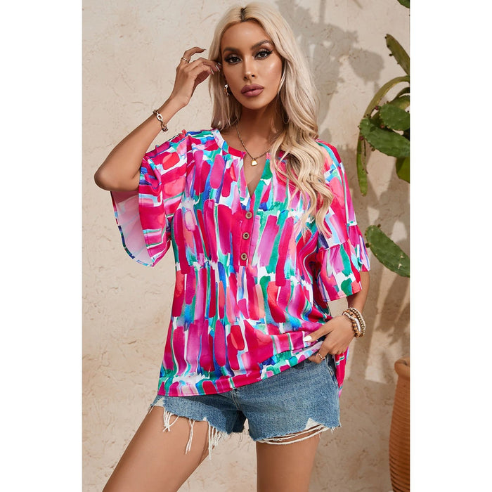 Printed Notched Half Sleeve Blouse