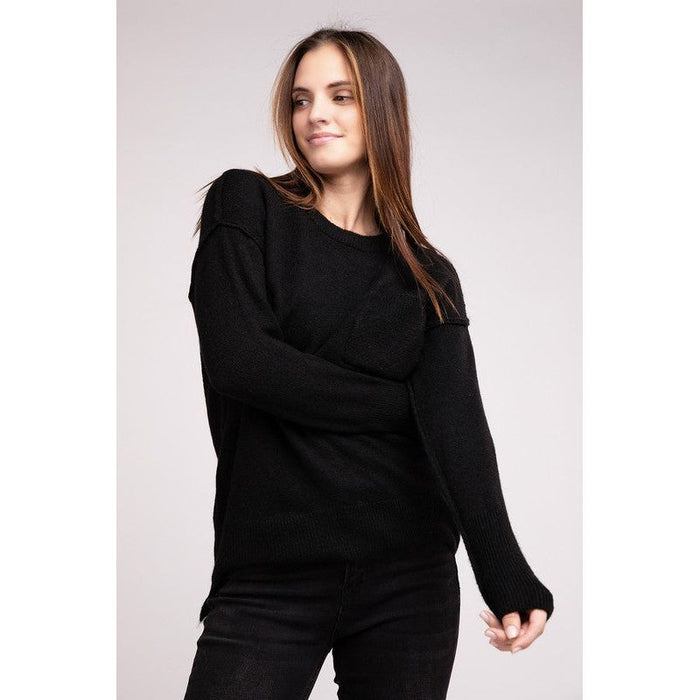 Melange Hi-Low Hem Round Neck Sweater