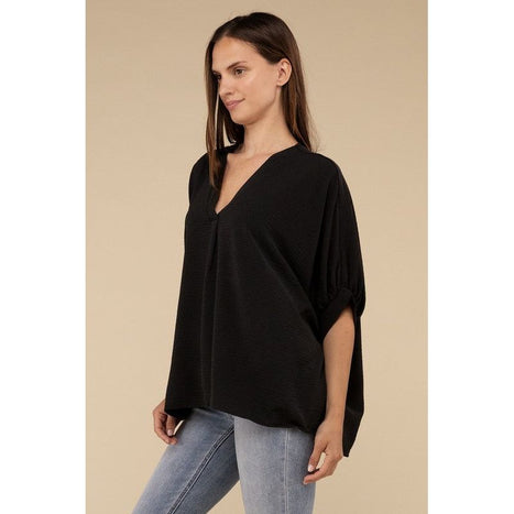 Woven Airflow V-Neck Puff Half Sleeve Top