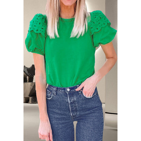 Eyelet Round Neck Short Sleeve Blouse