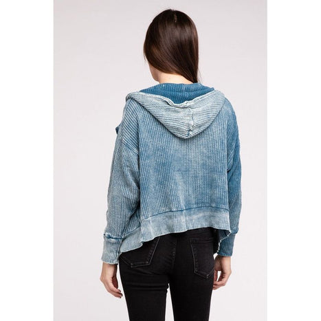 Acid Wash Cotton Waffle Hooded Zip-Up Jacket