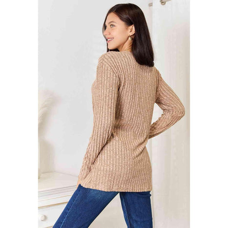 Double Take Notched Neck Ribbed Long Sleeve T-Shirt