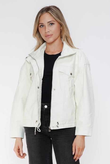 Drawstring Hem PU Leather Zip Up Jacket