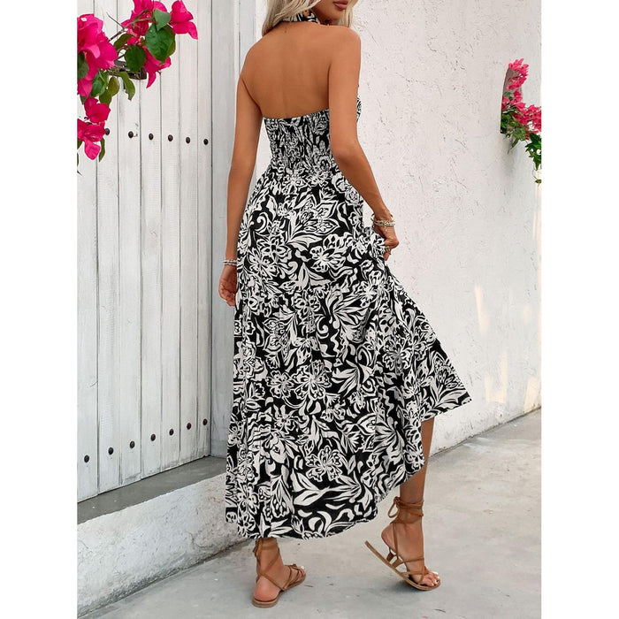 Backless Smocked Printed Sleeveless Midi Dress