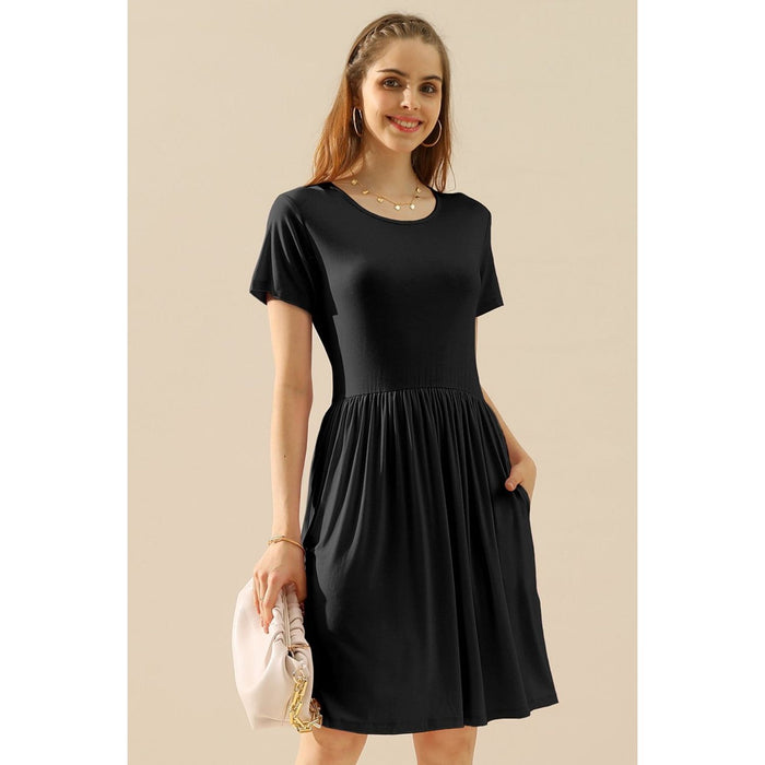 Ninexis Round Neck Ruched Dress with Pockets