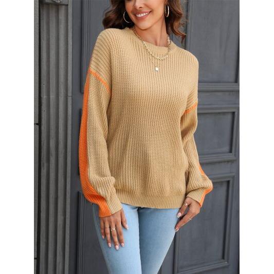 Contrast Round Neck Dropped Shoulder Sweater