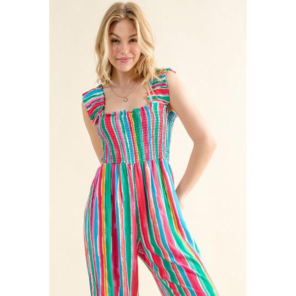 And The Why Full Size Striped Smocked Sleeveless Jumpsuit