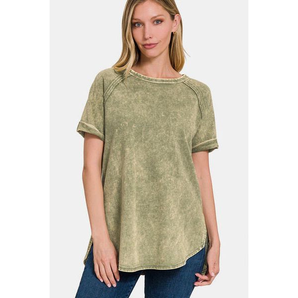 Zenana Heathered Round Neck Short Sleeve Blouse