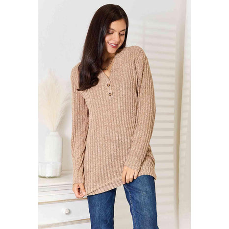 Double Take Notched Neck Ribbed Long Sleeve T-Shirt