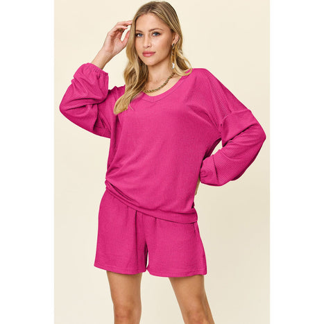 Texture V-Neck Long Sleeve T-Shirt and Shorts Set