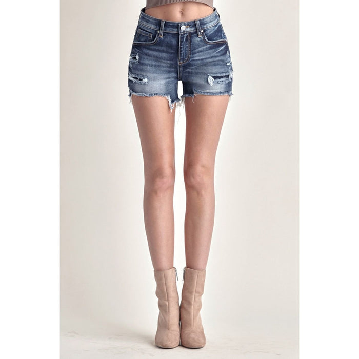 RISEN Mid Rise Raw Hem Denim Shorts