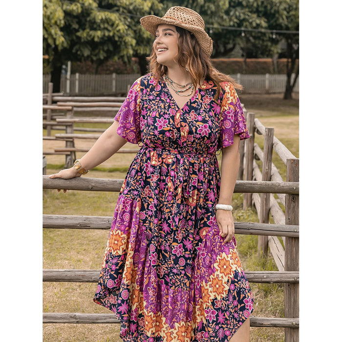 Plus Size Printed V-Neck Flutter Sleeve Midi Dress