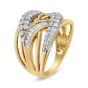 Bids.com 10K Yellow and White Gold 1.0 Cttw Round and Baguette-Cut Diamond Multirow Interwoven Cocktail Ring (I-J Color, I2-I3 Quality) - Size 7 Rings