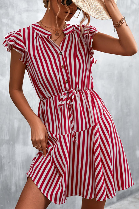 Ruffled Striped Cap Sleeve Mini Dress in Deep Red