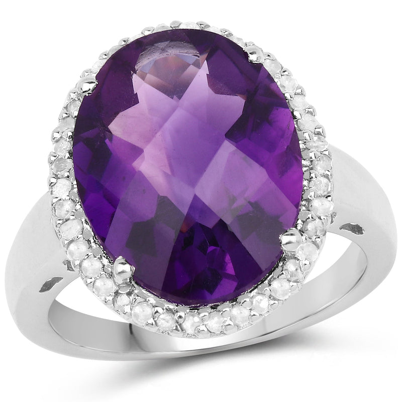 Bids.com 7.94 Carat Genuine Amethyst and White Diamond .925 Sterling Silver Ring Rings