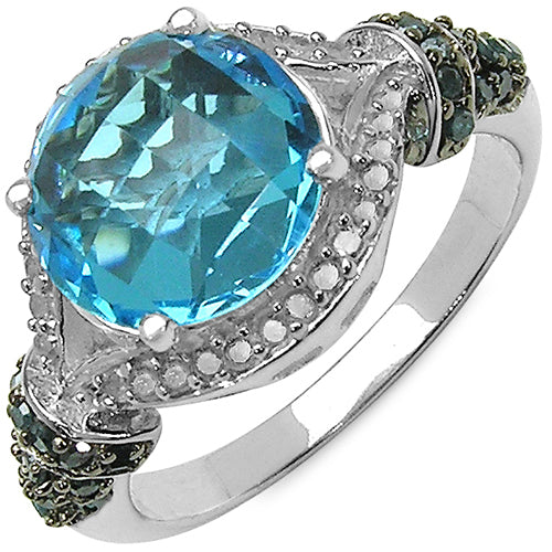 Bids.com 4.96 Carat Genuine Blue Topaz, Blue Diamond & White Diamond .925 Sterling Silver Ring Rings